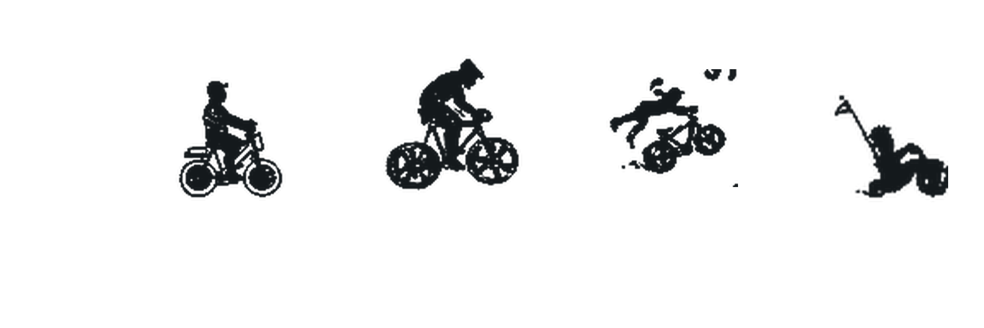Four original hand-drawn cyclists progressing through the cycle of life